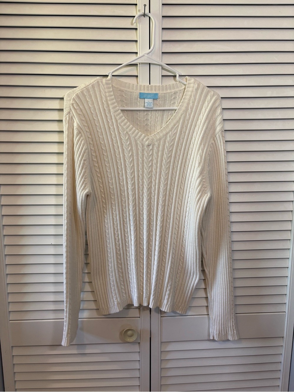 Jennifer Moore White Cable-Knit V-Neck Long Sleeve Sweater Women's Large Neutral
